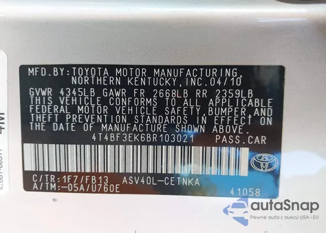 2011 Toyota Camry Le из США, поврежденный, VIN 4T4BF3EK6BR103021